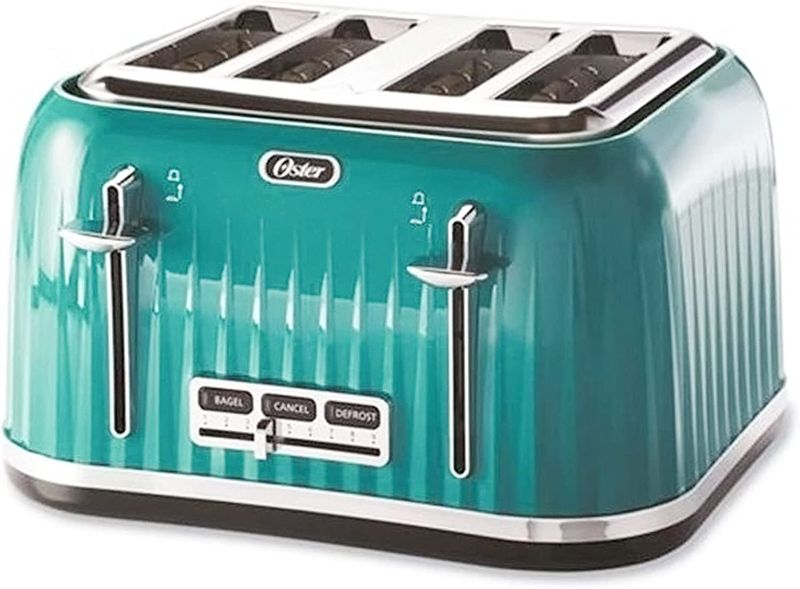 Photo 1 of Oster 4-Slice Extra Wide Slot Pop Up Toaster with 9 Shade Settings, Removable Crumb Tray, and Quick Check Lever, Teal w/ Chrome Accents