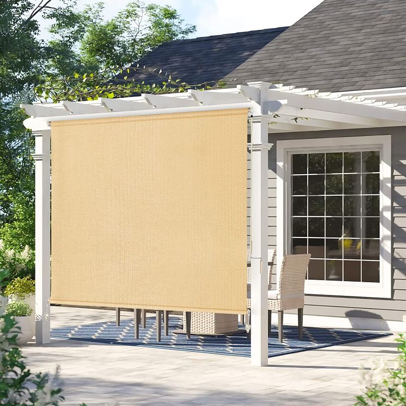 Photo 1 of Amagenix Outdoor Roller Shades 4" X 6" Exterior Cordless Patio Shades Roll up Outdoor Blinds for Porch Gazebo, Sesame
