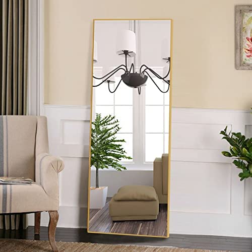 Photo 1 of NeuType Floor Full Length Mirror Standing Full Body Dressing Mirrors with Stand Hanging Wall Mounted Large Rectangle Metal Frame Leaning Bedroom Living Room Decor 71 x 24 in (Gold)
