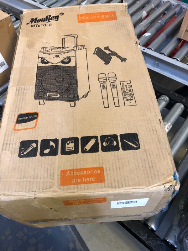 Photo 1 of Moukey Karaoke Machine, PA System Subwoofer, Portable Bluetooth Speaker w/ 2 Wireless Microphones, Lyrics Display Holder, Party Lights & Echo/Treble/Bass Adjustment, Support TWS/REC/AUX/MP3/USB/TF/FM 10" Subwoofer