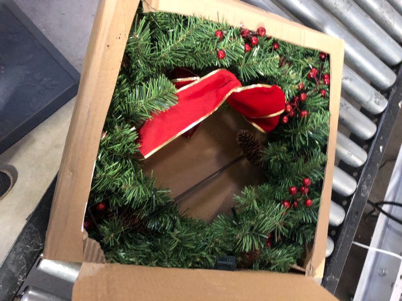 Photo 3 of 24" Artificial Christmas Bow Wreath with 15” Hanger, 50 LED Lights, Red Berries, Pine Cones & Pine Needles for Front Door, Windows, Living Room, and Indoor and Outdoor Christmas Decorations