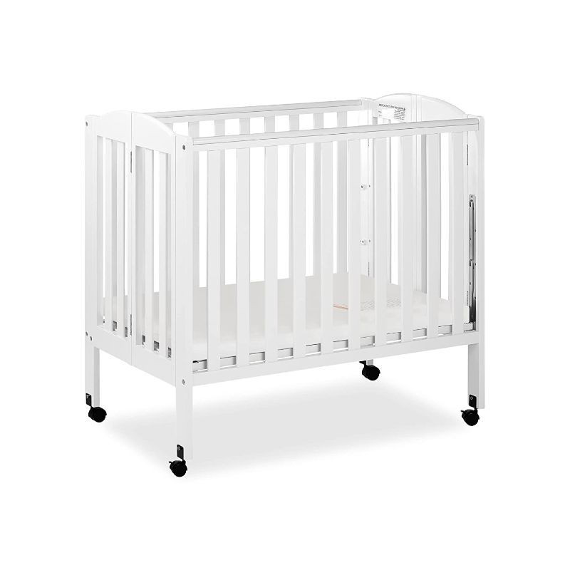 Photo 1 of Dream On Me 3 in 1 Portable Folding Stationary Side Crib in White, Greenguard Gold Certified, Safety Wheel with Locking Casters, Convertible, 3 Mattress Heights
