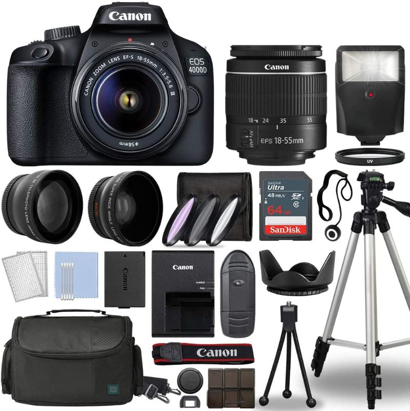 Photo 1 of Canon EOS 4000D / Rebel T100 Digital SLR Camera Body w/Canon EF-S 18-55mm f/3.5-5.6 Lens 3 DSLR Kit Bundled with Complete Accessory Bundle + 64GB Flash & More - BLACK 