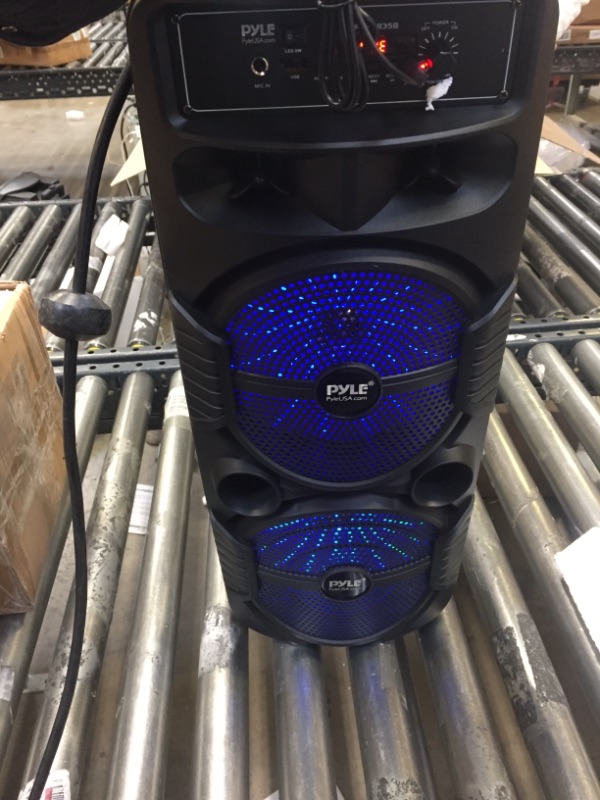 Photo 3 of Pyle Portable Bluetooth PA Speaker System - 600W Rechargeable Outdoor Bluetooth Speaker Portable PA System w/ Dual 8” Subwoofer 1” Tweeter, Microphone In, Party Lights, USB, Radio, Remote - PPHP2835B