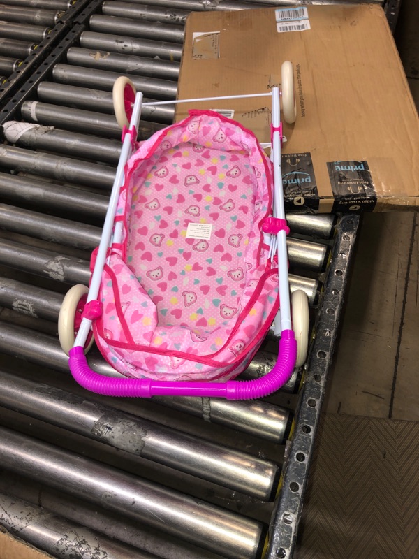 Photo 2 of Deluxe Toy Pram for 18” Baby Dolls- Foldable, Pink Carriage with Diaper Bag, Storage Basket and Canopy for Little Girls, Boys, and Kids by Hey! Play!