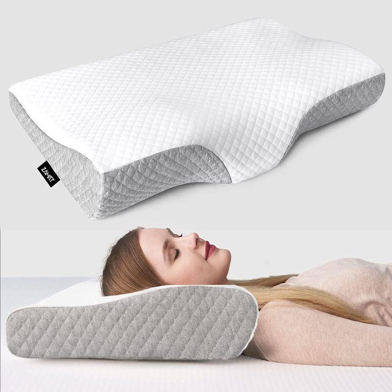 Photo 1 of ZAMAT Contour Memory Foam Pillow for Neck Pain Relief, Adjustable Ergonomic Cervical Pillow for Sleeping, Orthopedic Neck Pillow with Washable Cover, Bed Pillows for Side, Back, Stomach Sleepers
