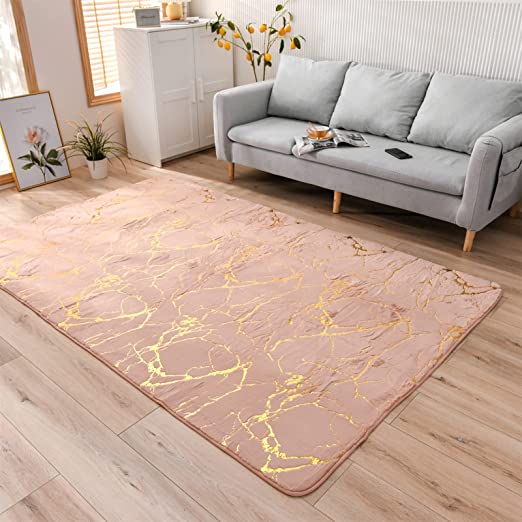 Photo 1 of Aimuan Pink Rug Soft Gold Marble Metallic Glitter Area Rug Nursery for Princess Prince Modern Faux Rabbit Fur Mat Fluffy Plush Velvet Home Carpet Throw Rug Non-Skid Dots Backing (Pink, 5×8ft)