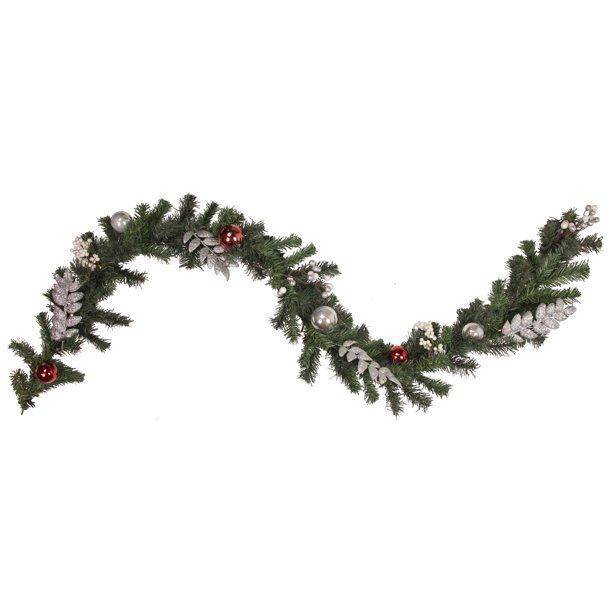 Photo 1 of 6' x 10" Pre-Lit Decorated Green Pine Artificial Christmas Garland, Warm White LED Lights