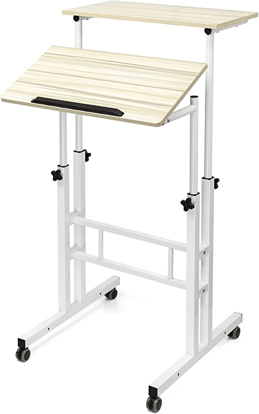 Photo 1 of SIDUCAL Mobile Stand Up Desk, Adjustable Laptop Desk with Wheels Home Office Workstation, Rolling Table Laptop Cart for Standing or Sitting, Beige
