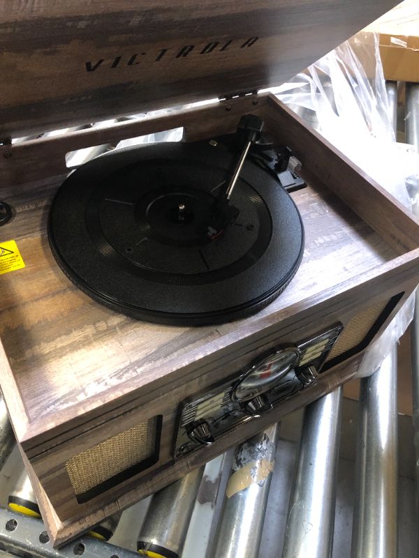 Photo 3 of Victrola Nostalgic 6-in-1 Bluetooth Record Player & Multimedia Center & Cassette Player, AM/FM Radio | Wireless Music Streaming | Farmhouse Shiplap Grey & Wooden Record Crate, Wood Color Farmhouse Shiplap Grey Entertainment Center + Record