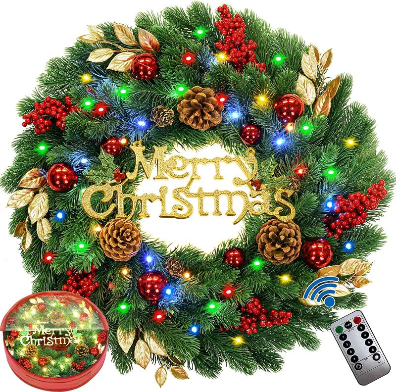 Photo 1 of 18 Inch Pre-Lit Artificial Christmas Wreath with Lights,Lighted Christmas Wreaths for Front Door with 40 LED Battery Operated 8 Modes Remote Control Timer,Indoor Outdoor Xmas Wreath Decorations----MISSING CONTROLLER 
