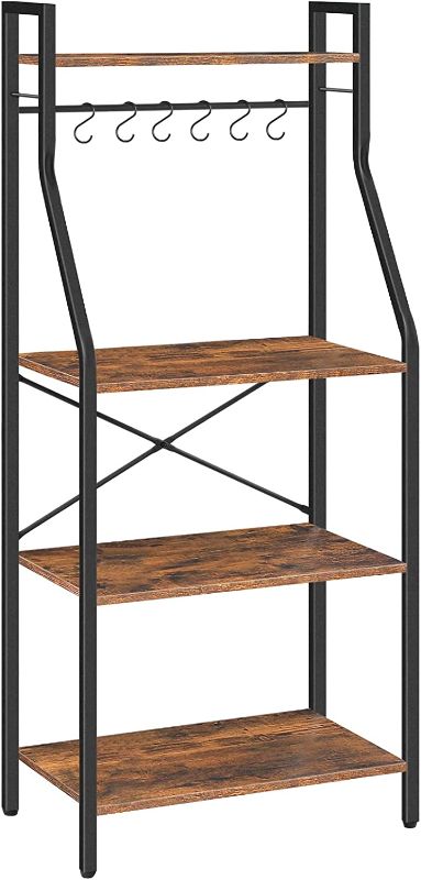 Photo 1 of ALLOSWELL Bakers Rack with Storage, Microwave Oven Stand for Kitchen, 4-Tier Kitchen Storage Shelf with 6 Hooks, Industrial Kitchen Organizer Rack, Coffee Bar, Rustic Brown BRHR6001
