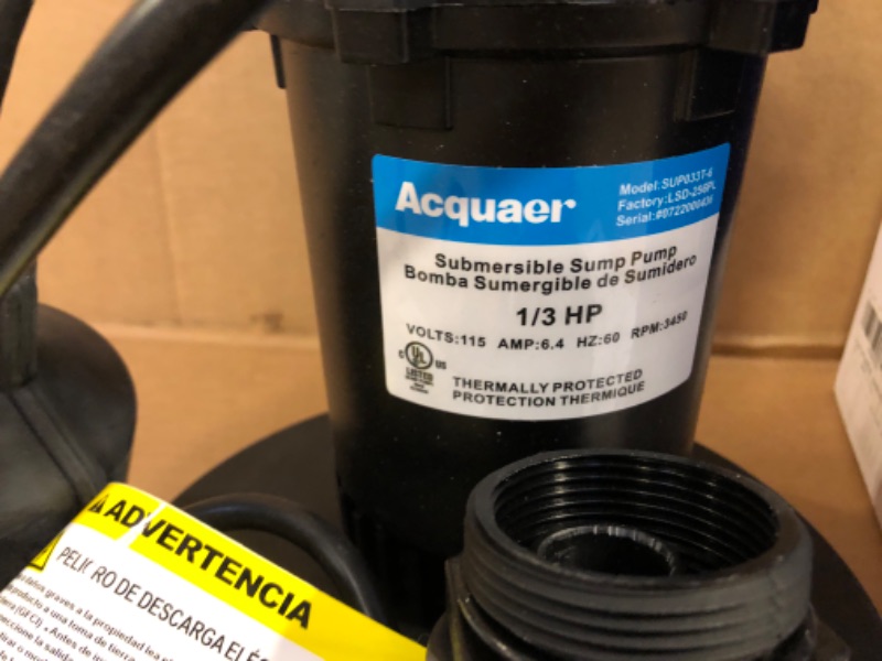 Photo 3 of Acquaer 1/3HP Sump Pump, 3040GPH Submersible Clean/Dirty Water Pump with Automatic Float Switch and 10ft Power Cord Sub Pump for Basement, Pool, Pond, Drain, Flooded Cellar, Aquarium and Irrigation 1/3HP 3040GPH