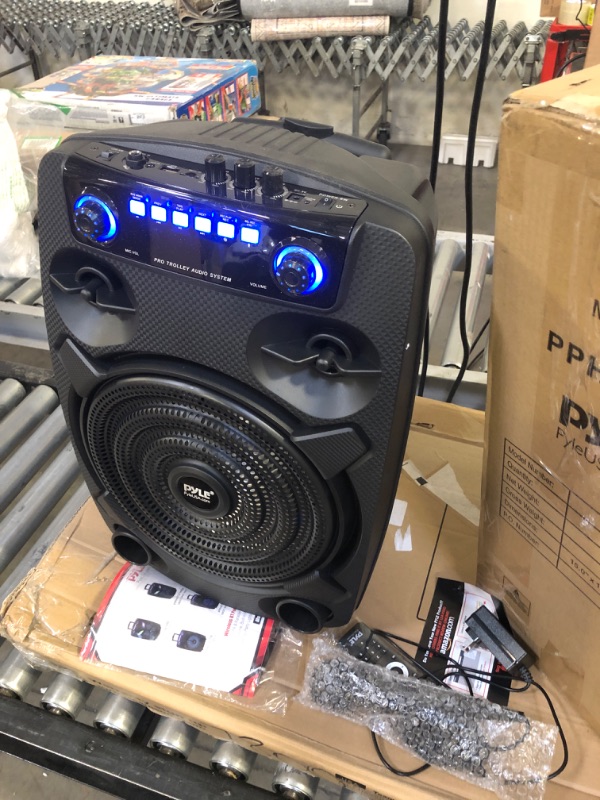 Photo 3 of Pyle Portable Bluetooth PA Speaker System - 800W 12” Outdoor Bluetooth Speaker Portable PA System - Party Lights, USB SD Card Reader, FM Radio, Rolling Wheels - Wired microphone, Remote - PPHP127B