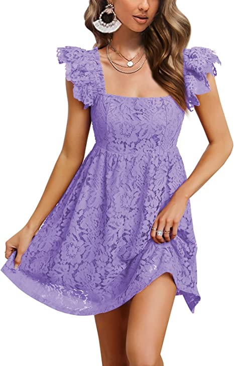 Photo 1 of EXLURA Women's Ruffle Strappy Lace Mini Dress Square Neck Empire Waist Sundresses Vintage Elegant Wedding Guest Dress
Size: L