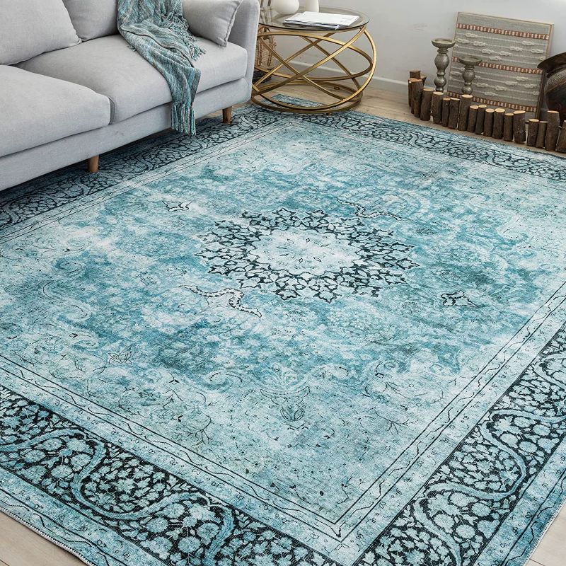 Photo 1 of DECOMALL Maila Washable Rug, Traditional Oriental Rug,Vintage Distressed Large Carpet for Living Room Bedroom, 9x12ft Blue
