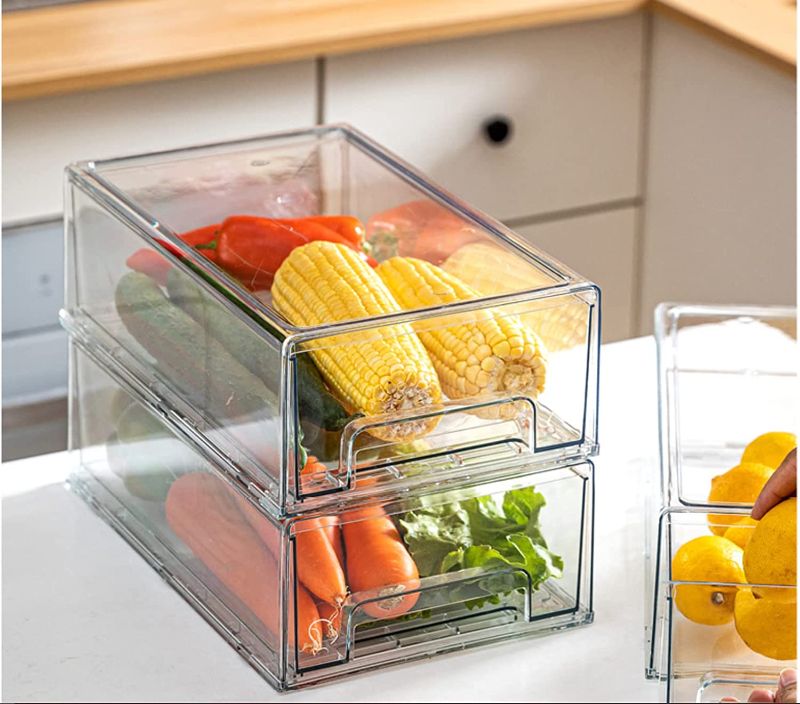 Photo 1 of 2 Pack Clear Pull-Out Bin Stackable Refrigerator Organizer Drawer Plastic Cabinets Pantry Storage Containers for Bedrooms Home Office Closet & Shoe Organization(13.5"X8.5"X5.5")
