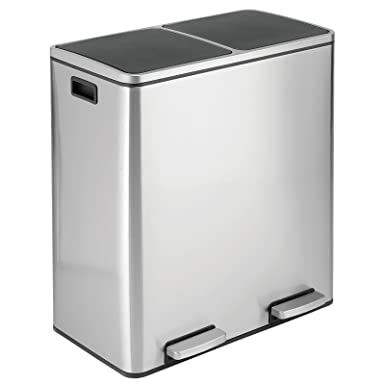 Photo 1 of  Metal Steel 16 Gallon/60-Liter, Dual Compartment Step Trash Can; Double Bin Trash Can/Recycler Combo for Kitchen; Holds Garbage, Recycling; Features Two Removable Liner Buckets, Brushed Chrome