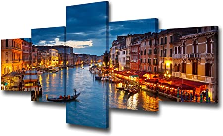 Photo 1 of 5 Panel Canvas Print Wall Art Painting For Home Decor View On Grand Canal At Night Venice Italy The Basilica Of St Mary Paintings Modern Giclee Stretched And Framed Artwork Ready to Hang - 50"W x 24"H