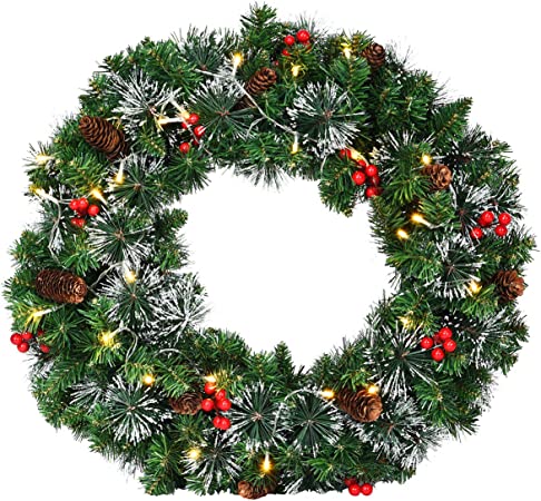 Photo 1 of 
Goplus Pre-Lit Cordless Christmas Wreath, with 50 Warm LED Lights/ Silver Bristles/ Pine Cones/ Berries, Xmas Decor for Indoor and Outdoor