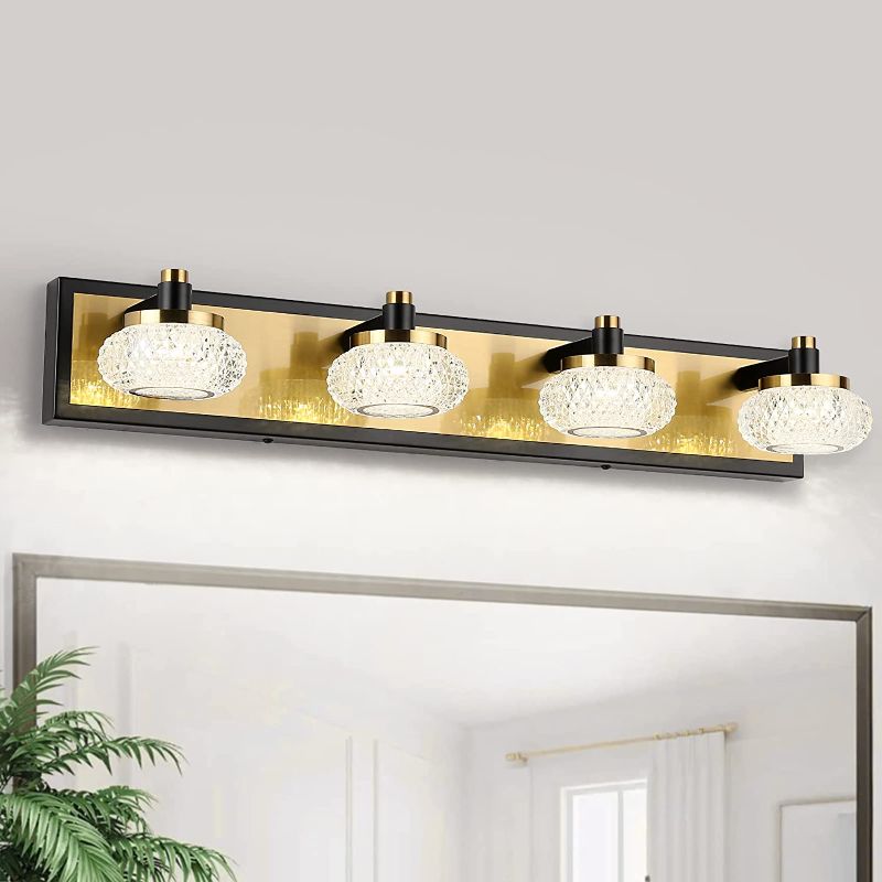 Photo 1 of 7Degobii 4-Light Bathroom Vanity Light Fixture Over Mirror Modern LED Acrylic Wall Lights for Bathroom 26" Inch Long Dimmable Black and Gold Color 4000K 20W 110V AC.