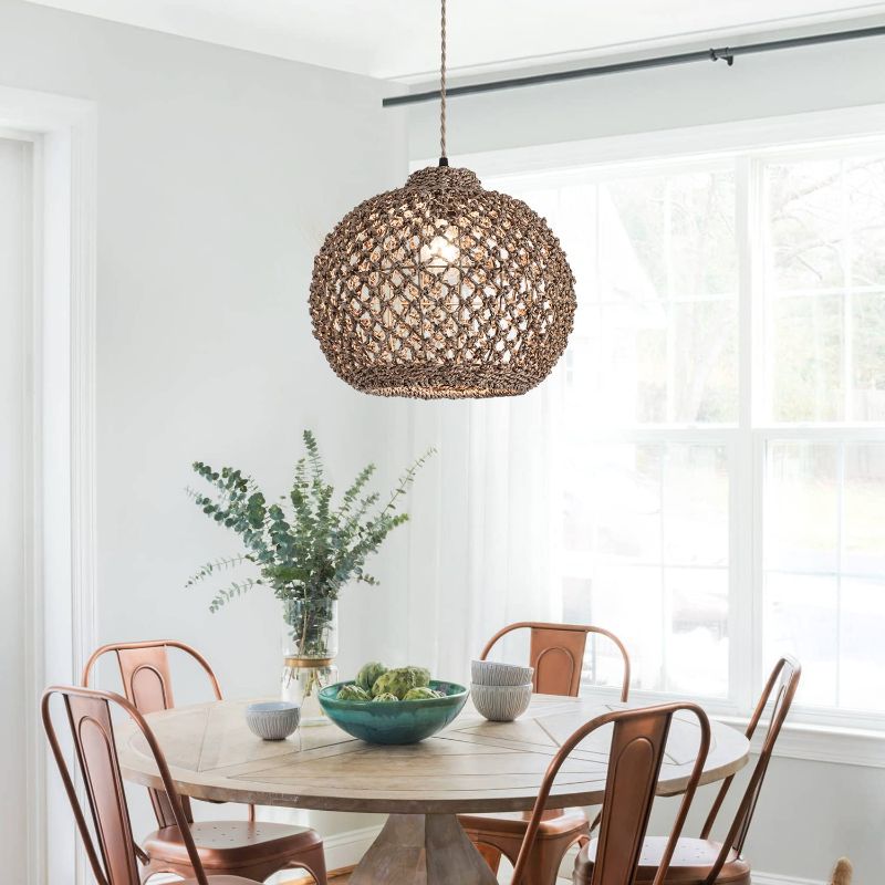 Photo 1 of Ai HaoLe Rattan Pendant Light Hand-Woven Natural Seaweed Rattan Light Fixture -Rattan Lights Round Hanging Lamp Woven Basket Chandelier 1 Light for Kitchen Island ,Bar,Coffee Shop Brown(13.7inch)
