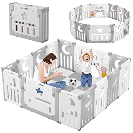 Photo 1 of Baby Playpen, Dripex Upgrade Foldable Kids Activity Centre Safety Play Yard Home Indoor Outdoor Baby Fence Play Pen NO Gaps with Gate for Baby Boys Girls Toddlers (14 Panel - baby blue+ White)