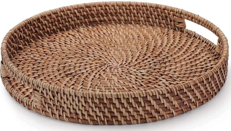 Photo 1 of 16.9 inch Rattan Tray, Round Wicker Tray with Cut-Out Handles, Woven Serving Tray for Dining/Coffee Table
