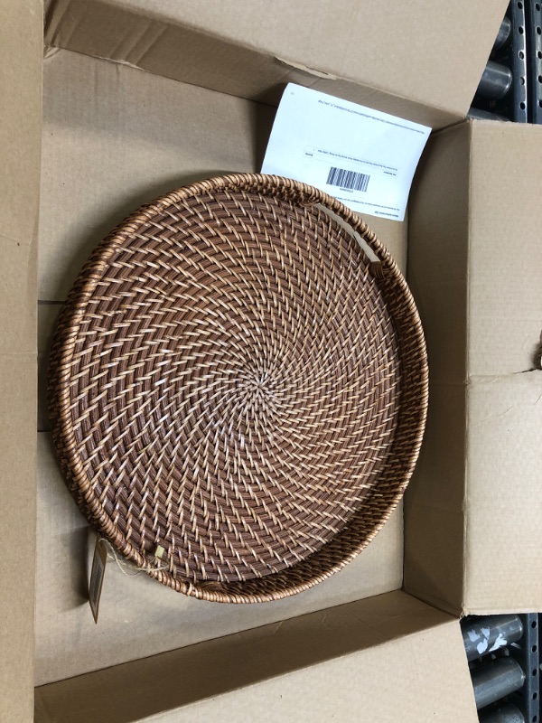 Photo 3 of 16.9 inch Rattan Tray, Round Wicker Tray with Cut-Out Handles, Woven Serving Tray for Dining/Coffee Table
