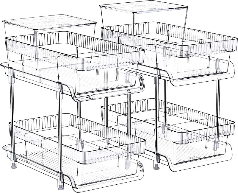 Photo 1 of 2 Tier Clear Pull Out Organizers and Storage - Snack Organization for Pantry w Lids/Dividers, Slide-Out Under Sink Organizer for Bathroom and Kitchen, Cabinet/Countertop Acrylic Drawers Medicine Bins
