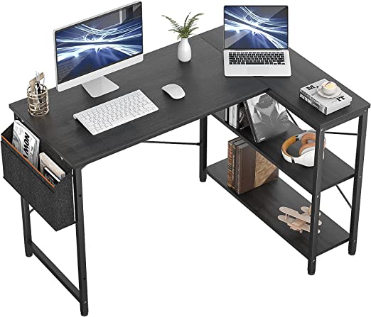 Photo 1 of Homieasy Small L Shaped Computer Desk, 47 Inch L-Shaped Corner Desk with Reversible Storage Shelves for Home Office Workstation, Modern Simple Style Writing Desk Table with Storage Bag(Black)
