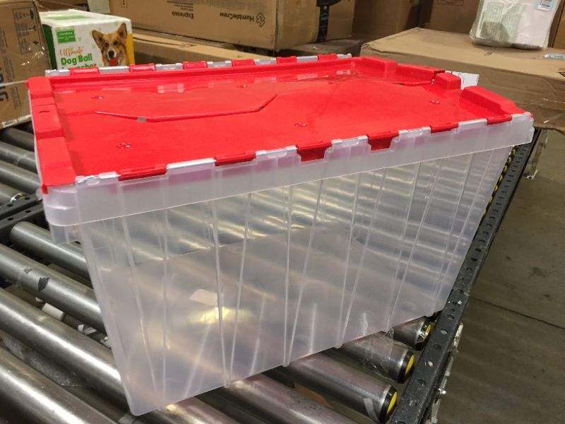 Photo 2 of Akro-Mils 6648612-Gallon Plastic Stackable Storage Keepbox Tote Container with Attached Hinged Lid, 21-1/2-Inch x 15-Inch x 12-1/2-Inch, Clear/Red
