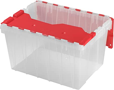 Photo 1 of Akro-Mils 6648612-Gallon Plastic Stackable Storage Keepbox Tote Container with Attached Hinged Lid, 21-1/2-Inch x 15-Inch x 12-1/2-Inch, Clear/Red
