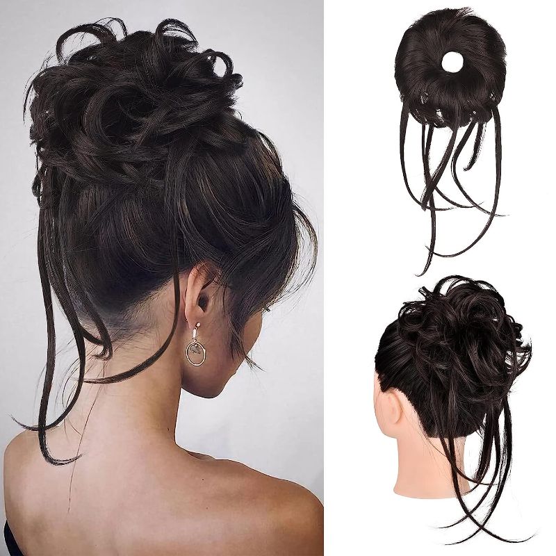 Photo 1 of HOOJIH Messy Bun Hair Piece, Super Long Tousled Updo Hair Bun Extensions Wavy Hair Wrap Ponytail Hairpieces Hair Scrunchies with Elastic Hair Band for Women Girls - Black 
