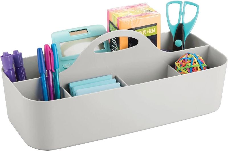 Photo 1 of mDesign Large Plastic Divided Office Storage Organizer Caddy Tote with Handle for Cabinet, Desk, Workspace - Holds Desktop Supplies, Pens, Pencils, Markers, Staplers - Lumiere Collection - Light Gray
