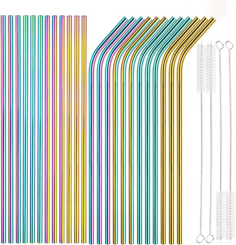 Photo 1 of [24 PCS] Value Pack Reusable Stainless Steel Straws in Bulk Extra Long 10.4 inch Colorful,Tomorotec Metal Straw Sets with Cleaning Brushes,12 Straight 12 Bent For Tumblers Beverage Drink Cocktail
