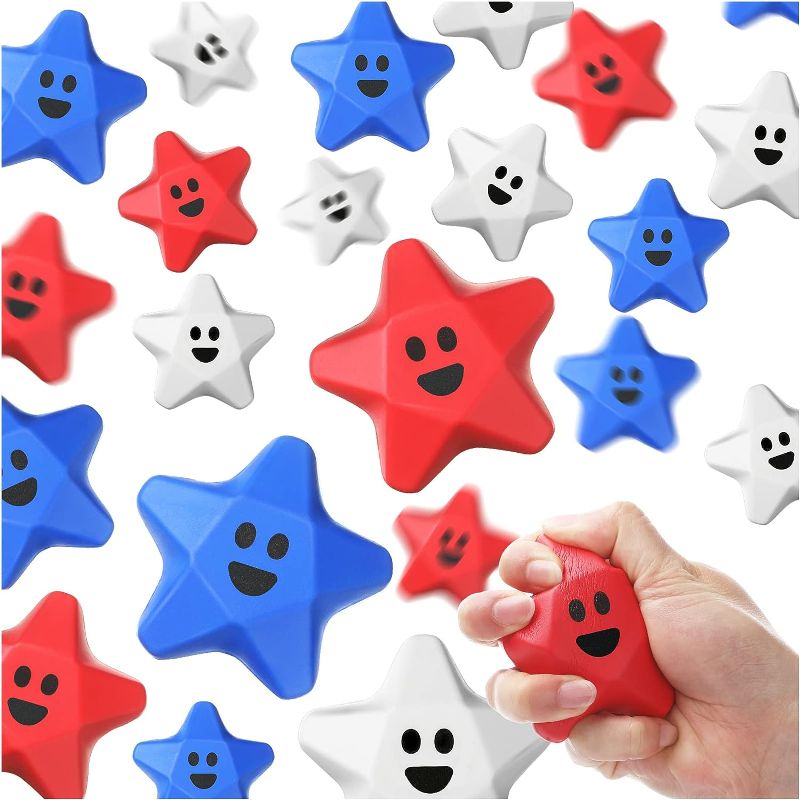 Photo 1 of 30 Pcs 2.8 Inch Star Stress Balls Independence Day Ball Star Shaped Student Prizes Patriotic Star Toys Party Favors Star for 4th of July Theme Party Supply Class Reward Party Filler
