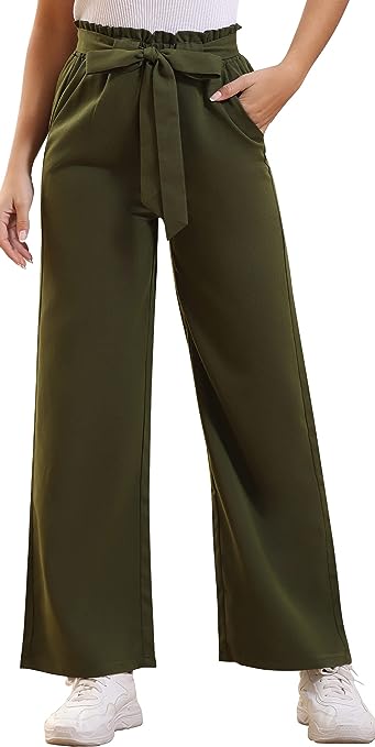 Photo 1 of CXXQ High Waist Straight Leg Pants for Women Dress Paper Bag Waist Bell Bottom Leg Pants Slacks Belted with 2 Pockets -- Size Medium
