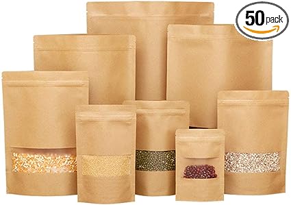 Photo 1 of 50 pcs Kraft Bags with Window Stand Up Ziplock Seal Paper Bag Resealable Large Food Storage Pouch 16oz 1lb 8×12in
