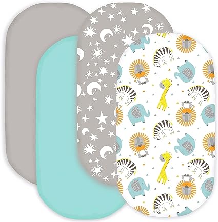 Photo 1 of bimocosy Bassinet Sheet, 4 Pack Bassinet Sheets for Baby Boys, Soft Baby Bassinet Fitted Sheets Neutral for Standard Bassinet Mattress, Size 32 x 16 x 4 Inches, Stars/Woodland Animals/Grey/Light Green
