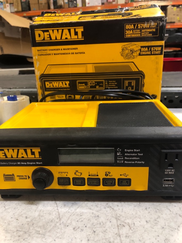 Photo 3 of DEWALT DXAEC801B 30 Amp Bench Battery Charger: 80 Amp Engine Start, 2 Amp Maintainer, 120V AC Outlet, 3.1A USB Port, Battery Clamps Single Battery Charger