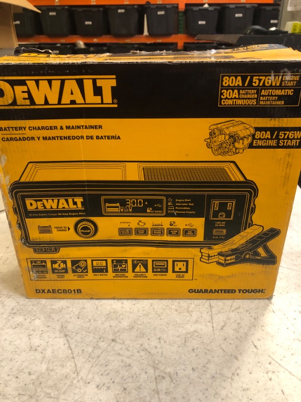 Photo 2 of DEWALT DXAEC801B 30 Amp Bench Battery Charger: 80 Amp Engine Start, 2 Amp Maintainer, 120V AC Outlet, 3.1A USB Port, Battery Clamps Single Battery Charger