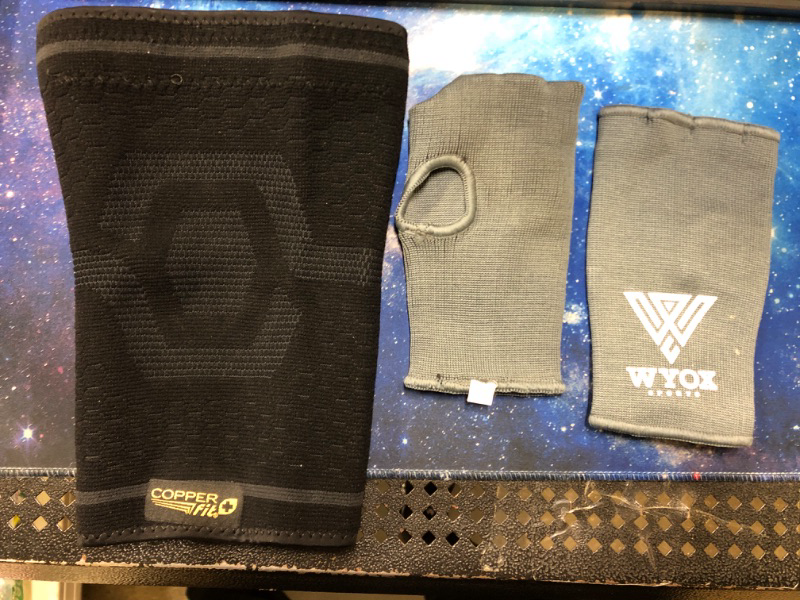 Photo 1 of 3-item sports wraps bundle: 1 PAIR OF WYOX Boxing Hand Wraps Compression SMALL-MEDIUM SIZE, GREY....and 1 single black compression knee size L/XL
