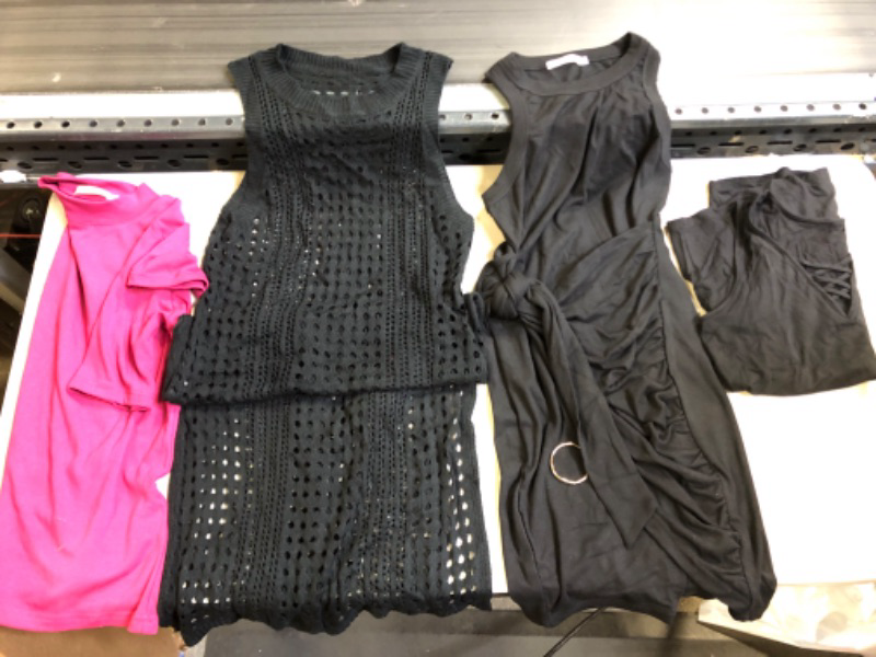 Photo 1 of 4-item WOMENS CLOTHING BUNDLE: Left-Right //// pink short-sleeve size m; black woven dress no size (~s-m); black wrap dress size m ; black sleeveless shirt size medium