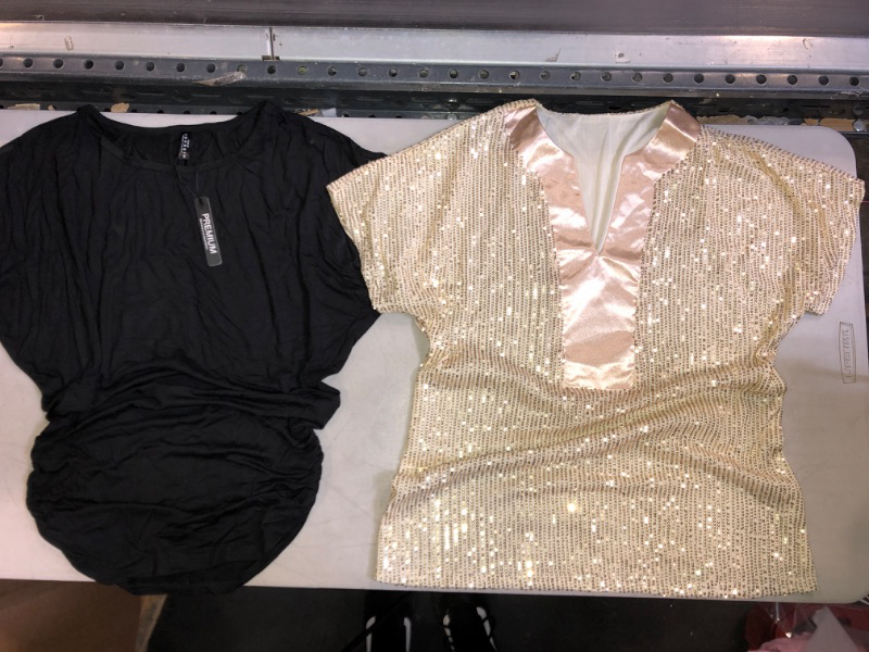 Photo 1 of 2-ITEM WOMENS CLOTHING: 2 SIZE SMALL SHIRTS, ONE BLACK, ONE GOLD SEQUIN SPARKLE