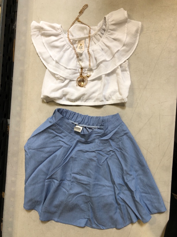 Photo 1 of GIRLS CLOTHING 3-ITEM OUTFIT : "just kids" kids white top with blue skirt and necklace -- size 10 ** top needs washing -- SEE PHOTOS **