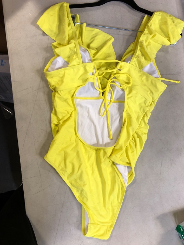 Photo 2 of womens neon yellow swimsuit bathing suit one-piece size large