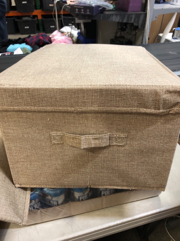 Photo 2 of YueYue Foldable Storage Large Clothes Box Fabric?Box Fabric Bin Cube Basket With Lid?Collapsible Boxes Fabric Storage Bins Organizer Cubes Containers With Covers (17.7"/13.8"/9.8") (Beige) 2 Pack