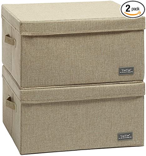 Photo 1 of YueYue Foldable Storage Large Clothes Box Fabric?Box Fabric Bin Cube Basket With Lid?Collapsible Boxes Fabric Storage Bins Organizer Cubes Containers With Covers (17.7"/13.8"/9.8") (Beige) 2 Pack