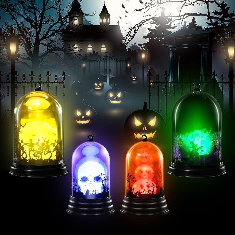 Photo 1 of 4 Pieces Halloween Decorations Lights, Skull Pumpkin Lampshade Battery Operated, Halloween House Decor Transparent Witch Pumpkin Lights for Halloween Festival Party Indoor Decoration Lamp, 4 Styles
